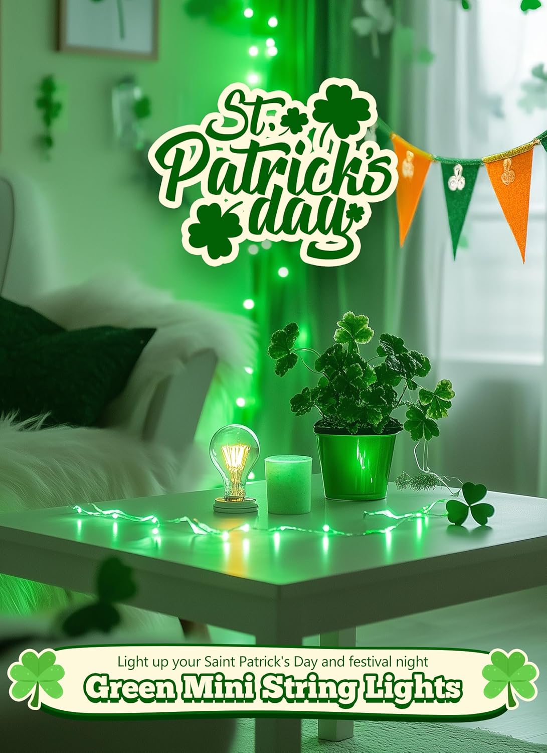 St. Patrick's Day Green Mini Lights, 8ft 20 LED Battery Operated String Lights with Timer, Christmas Tree Lights for Indoor Outdoor Bedroom Wedding Party Holiday Xmas Decoration