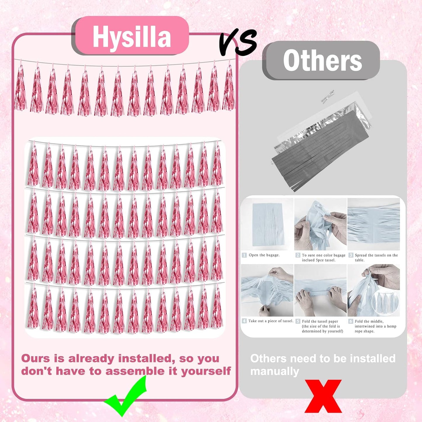 4P Light Pink Foil Fringe Metallic Tassel Streamers Banner Tassel Garland for Parade Floats, Bachelorette, Wedding, Birthday, Halloween, Christmas, Bridal/Baby Shower Party Decorations