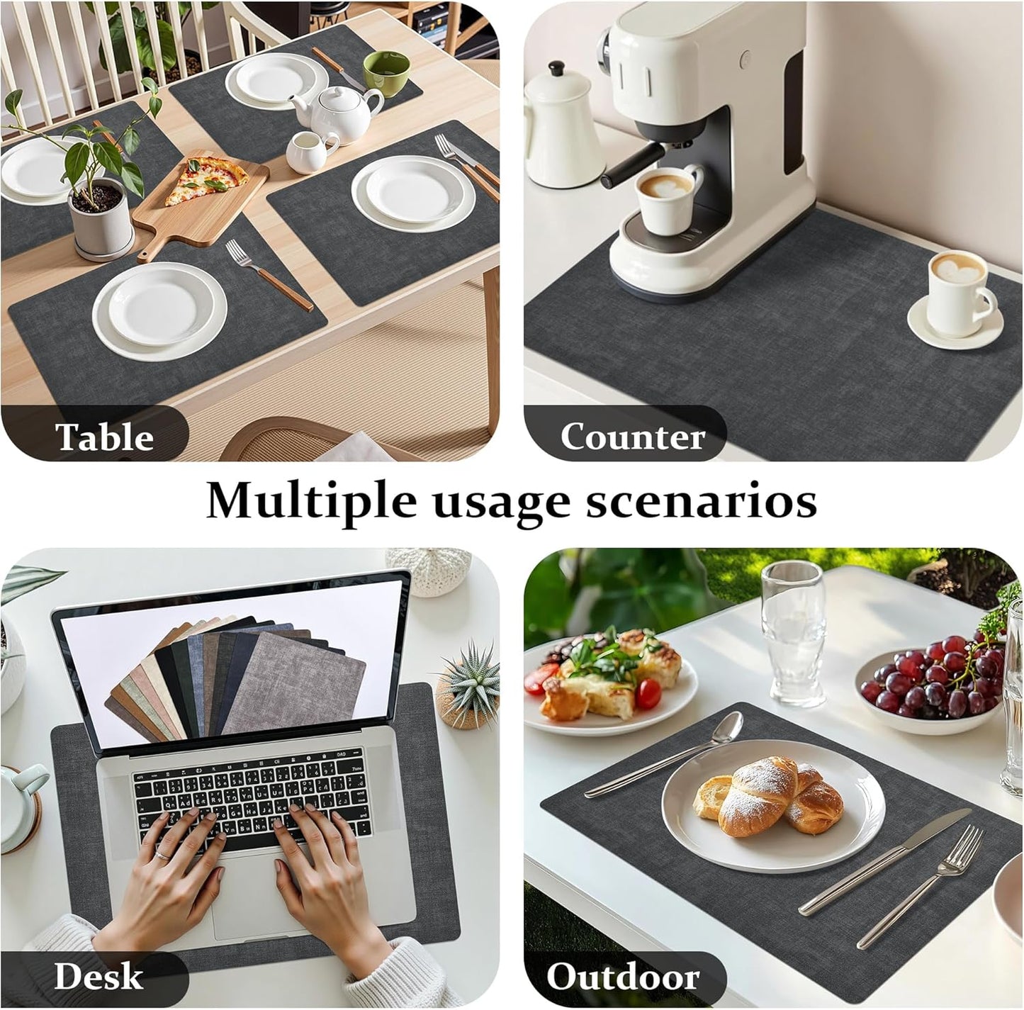 FROMHEART Faux Leather Placemats Set of 4–Waterproof,Heat/Oil Stain-Resistant PU Table Mat–Reversible,Non-Slip,Easy to Clean Place Mats for Kitchen,Dining,Indoor/Outdoor,(Dark Grey,11.8" x 17")