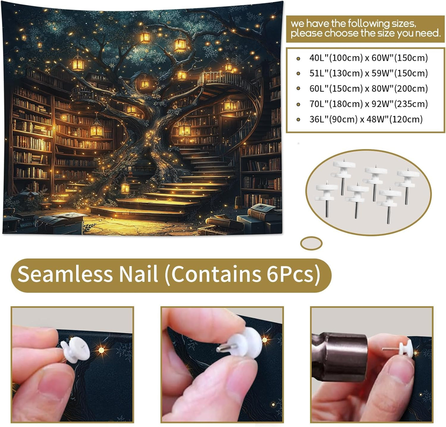 HVEST Fantasy Library Bookshelf Tapestry for Classroom Fairytale Tree Magic Bookshelf Wall Decor Retro Vintage Tapestry for Bedroom Living Room Study Room Dorm, 60L x 80W Inches