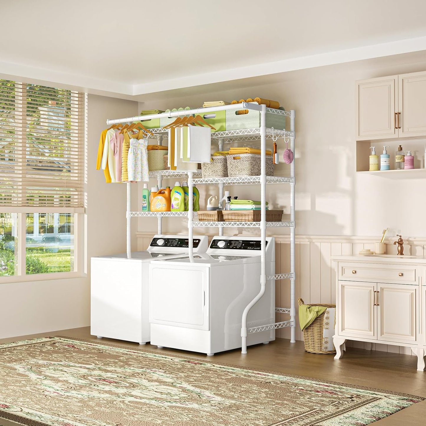 Ulif U13 Medium Over Washer and Dryer Storage Shelves, 6 Tiers Laundry Room Standing Shelf with 2 Hanger Rods, Space Saver Clothes Drying Rack, 57.8" W x 22" D x 77.4" H, White