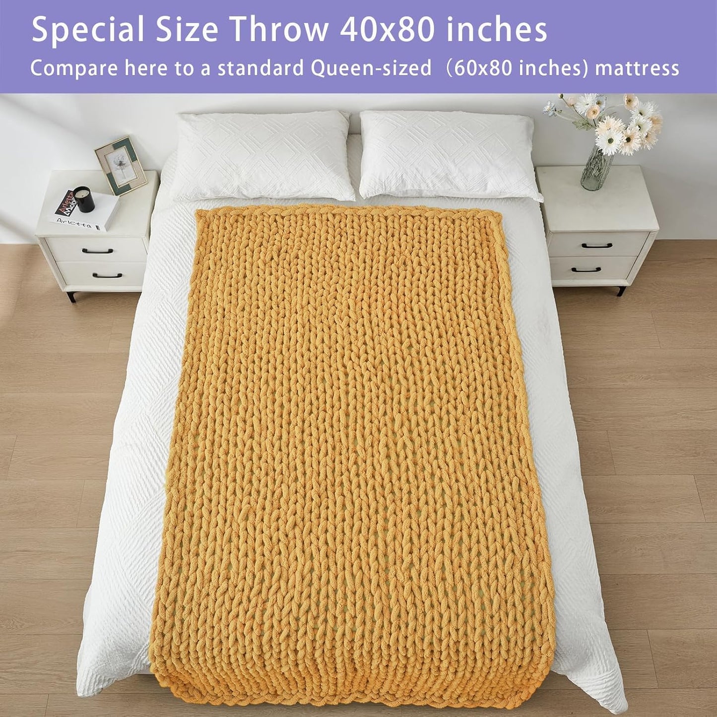 Bigacogo Chunky Knit Throw Blanket for Couch, 40x80 inches, 100% Hand Knitted with Thick Jumbo Chenille Yarn, Cozy Soft Large Rope Knot Cable Crochet Blankets for Sofa Bed Living Room, Mustard Yellow