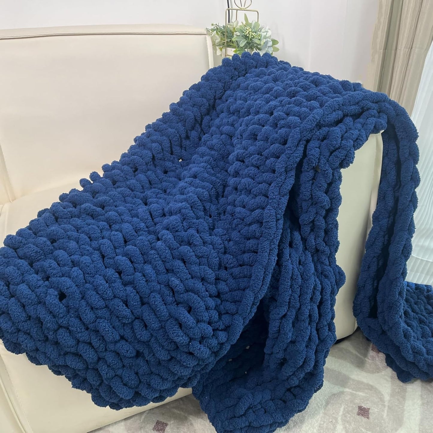 Chunky Knit Blanket Throw 40"x60", Chenille Throw Blankets, Handmade Warm & Cozy Blanket Couch Bed Home Decor, Soft Breathable Fleece Banket, Christmas for Couch Bed Sofa Best Gift (Navy Blue)