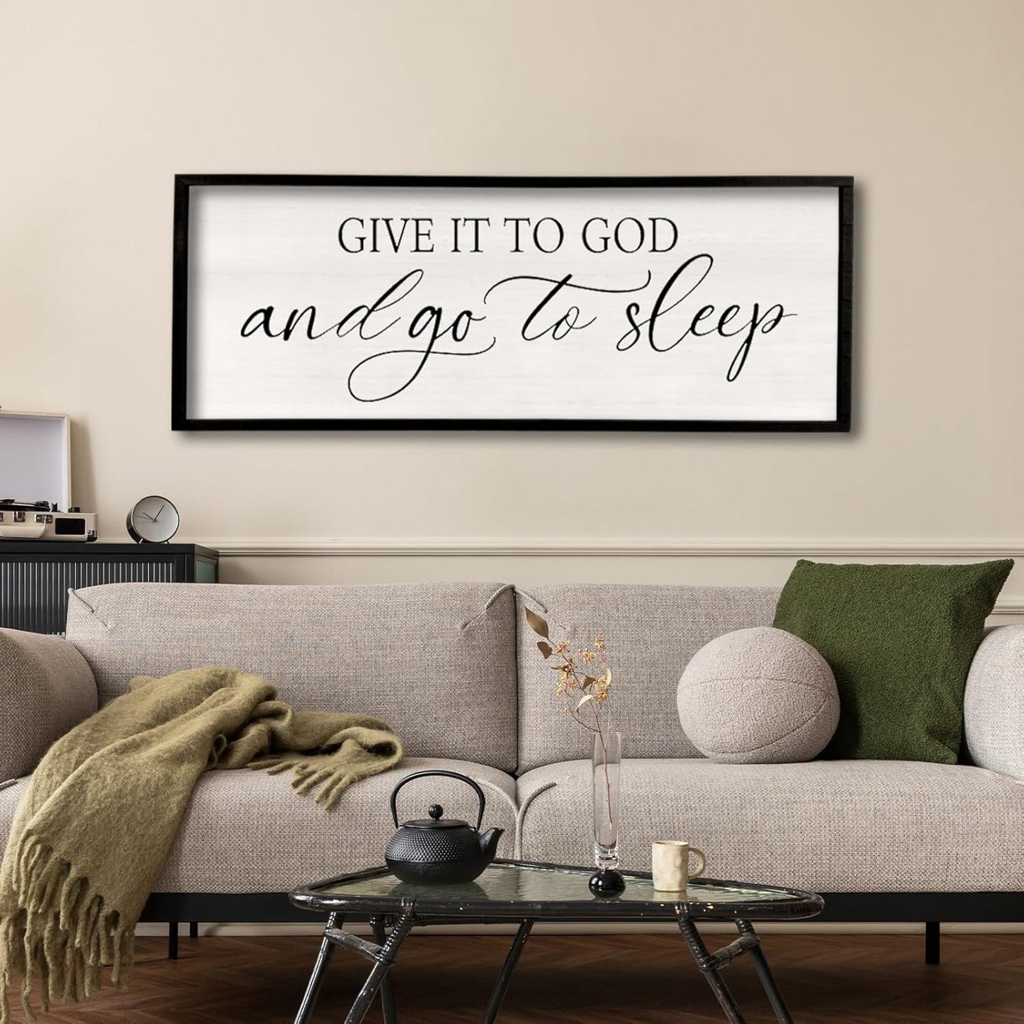 comurdyo Give It To God And Go to Sleep Sign 40''×15'' Master Bedroom Above Bed Wall Decor Wood Framed Couple Large Farmhouse Guest Room Rustic Simple Over Bedside Wall Art Hanging Decor (Black)