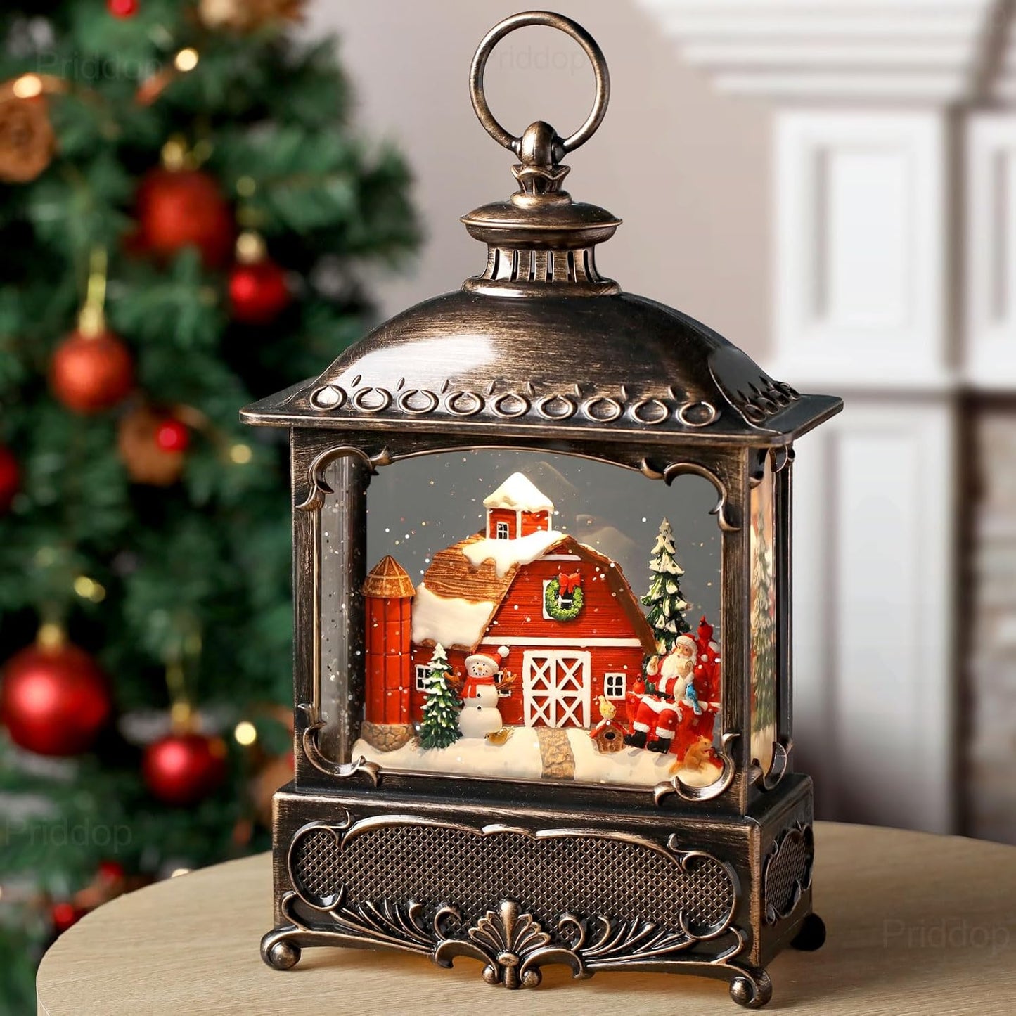 Christmas Snow Globe Lantern Christmas Decorations Gifts Barn Snowman Santa Claus Cardinal Winter Farm Scene Musical Glitter Snowfall USB/Battery Timer 12 inch