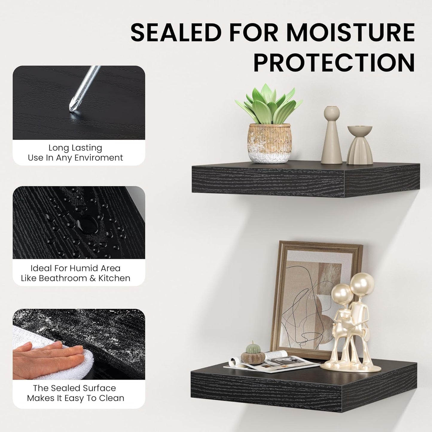 Square Floating Shelves for Wall, 12" W x 12" D x 1.2" H, Small Wooden Wall Mounted Display Shelves with Invisible Brackets for Living Room, Bedroom, Bathroom, Kitchen Decor, Set of 3, Black