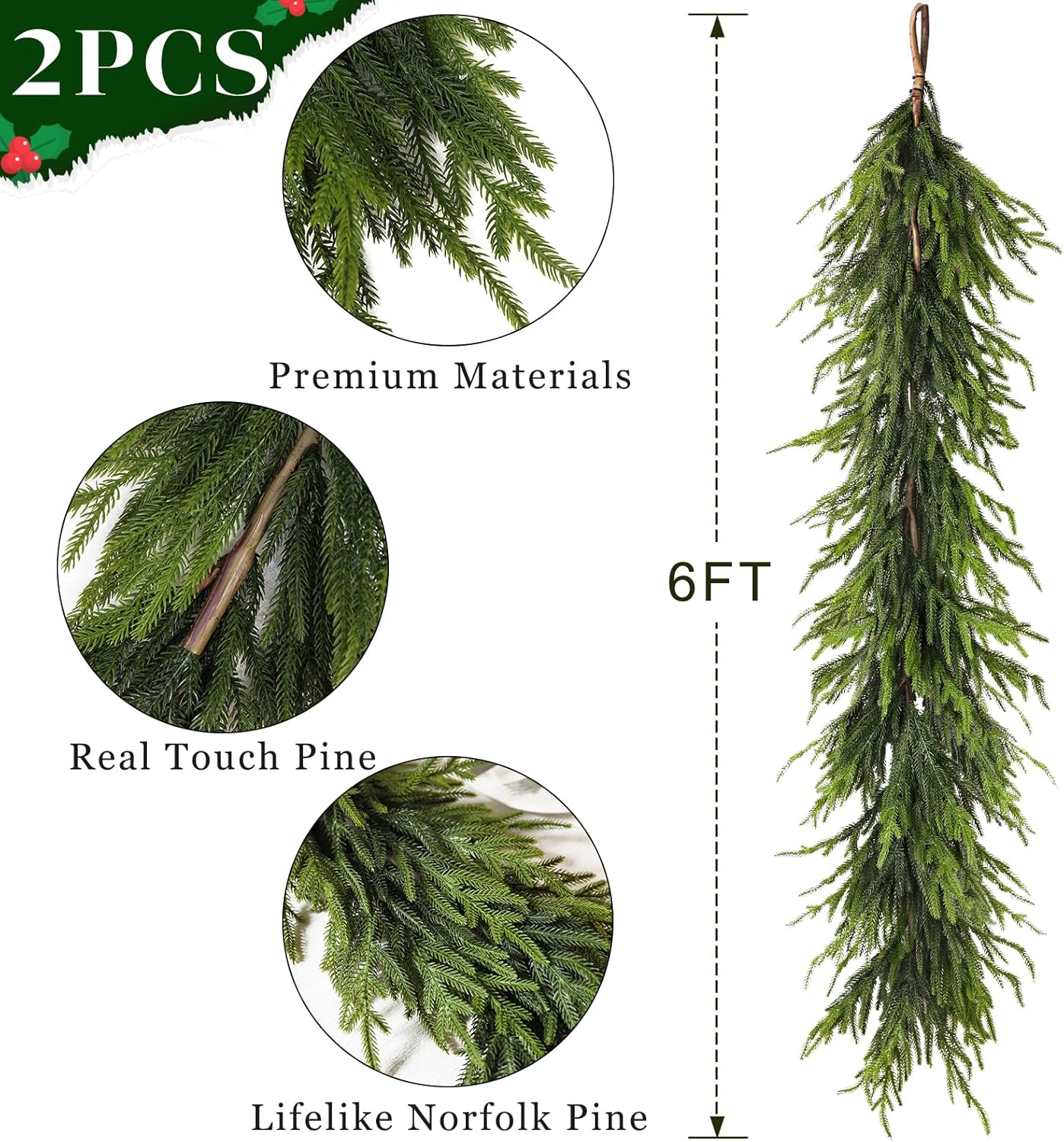 Artificial Norfolk Pine Garland - Faux Christmas Garland Fake Green Garland for Fireplace,Table, Stairs, Mantle, Window,Indoor Outdoor,Home,Holiday Decor (2 PCS,6 FT)