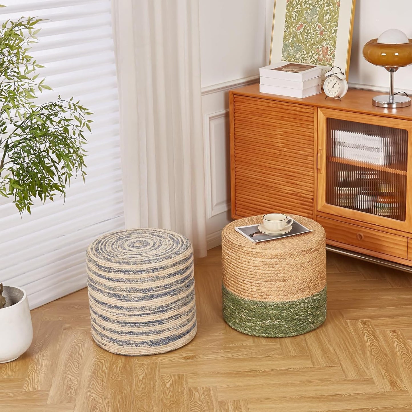 Wimarsbon 18'' Ottoman Pouf, Natural Braided Poof, Rustic Handweave Lounge Pouffe, Boho Footrest Stool for Bedroom, Accent Table for Living Room (Blue Corn Husk)