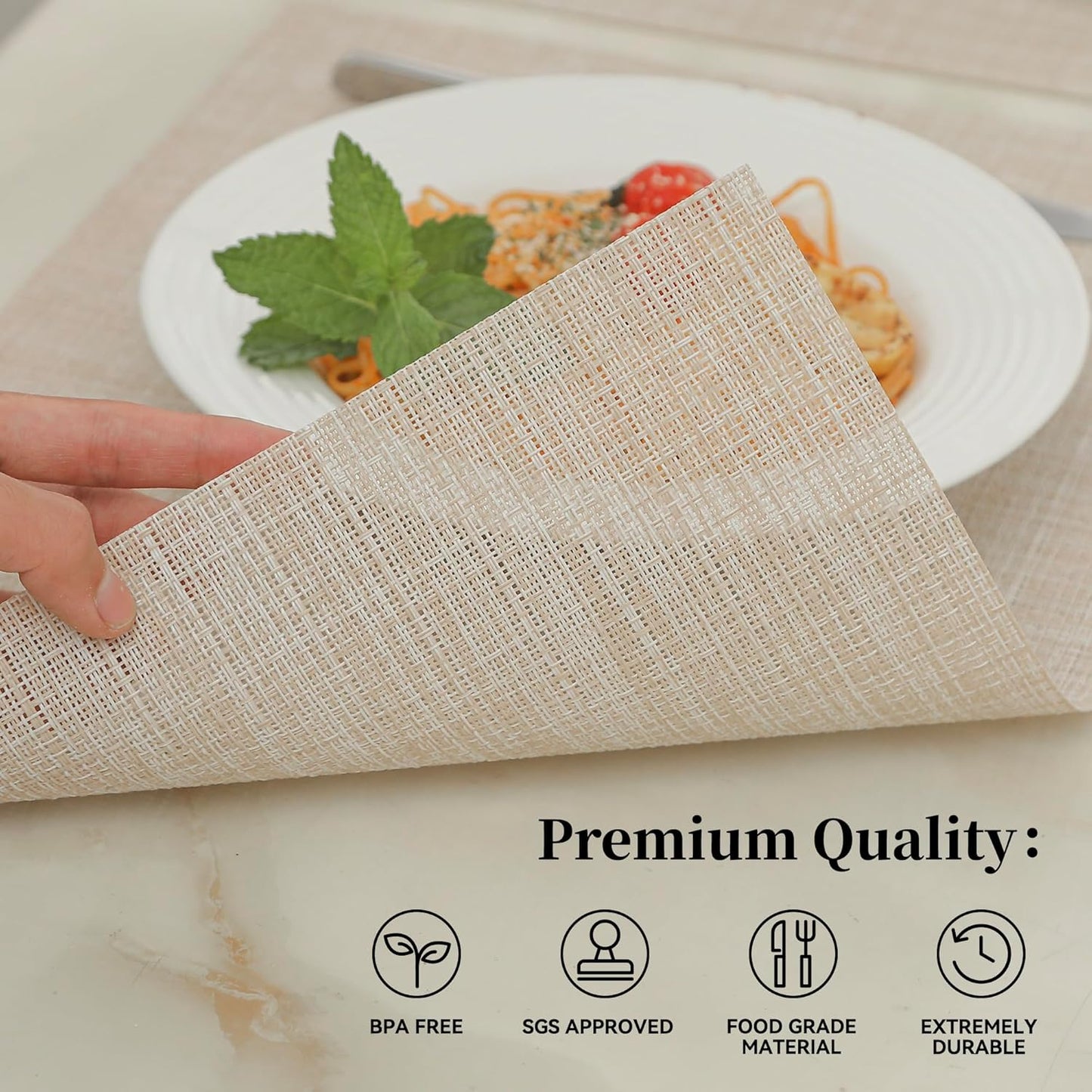 Leetaltree Beige Placemats Set of 16 - Heat Resistant Non-Slip Place mats for Dining Table, Washable Durable PVC Vinyl Woven Table Mats(Beige, 16)