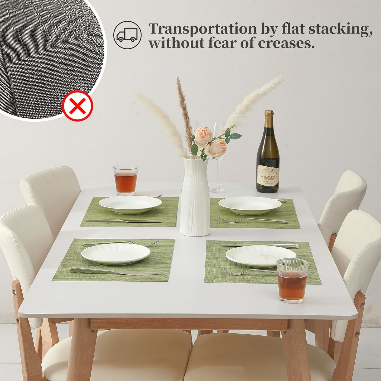 Leetaltree Pea Green Placemats Set of 4 - Heat Resistant Non-Slip Place mats for Dining Table, Washable Durable PVC Vinyl Woven Table Mats(Pea Green, 4)