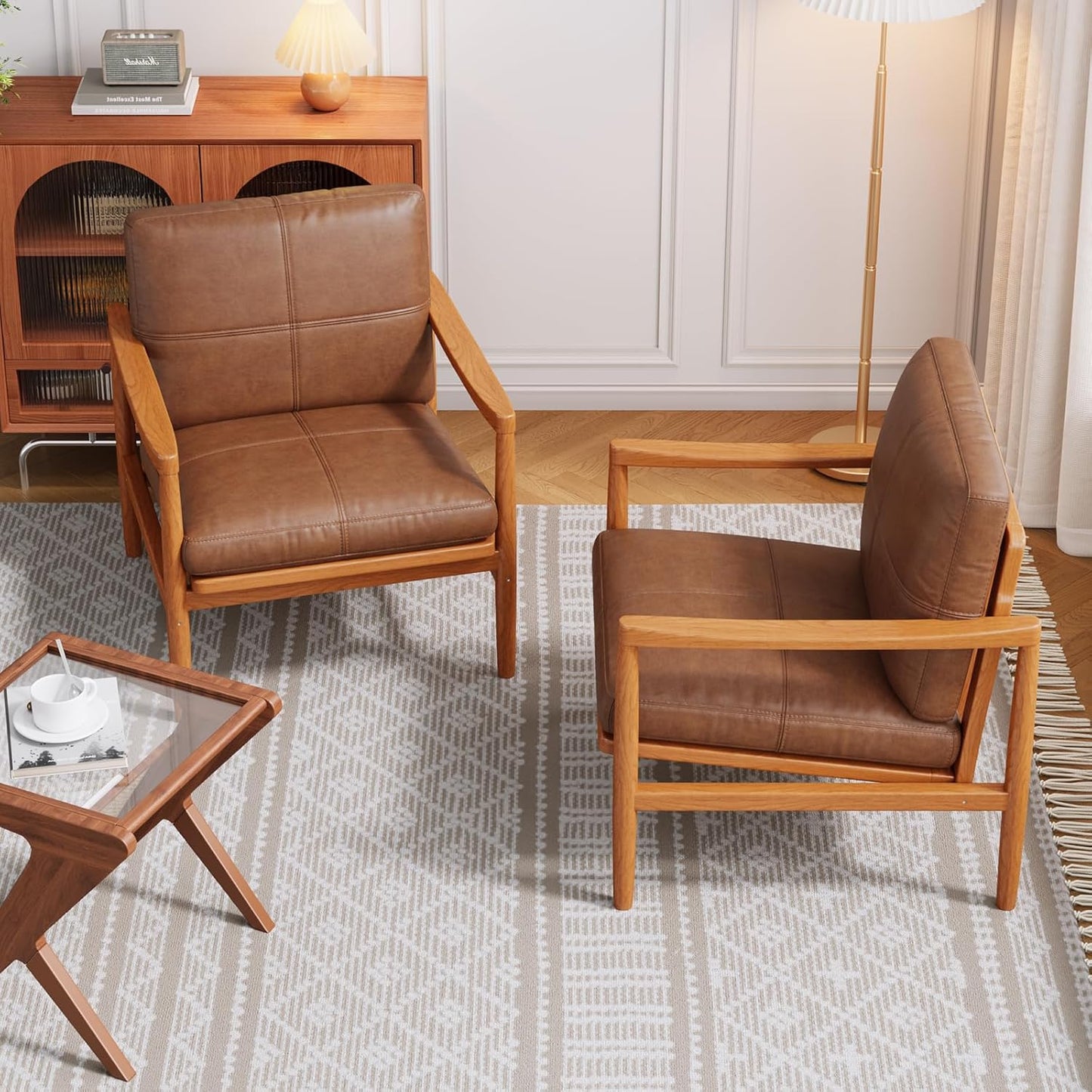Mid Century Modern Accent Chair Set of 2, Leather Accent Chair, Relaxing Armchair with Solid Wood Frame & Soft Cushion, Reading Leisure Chairs for Living Room
