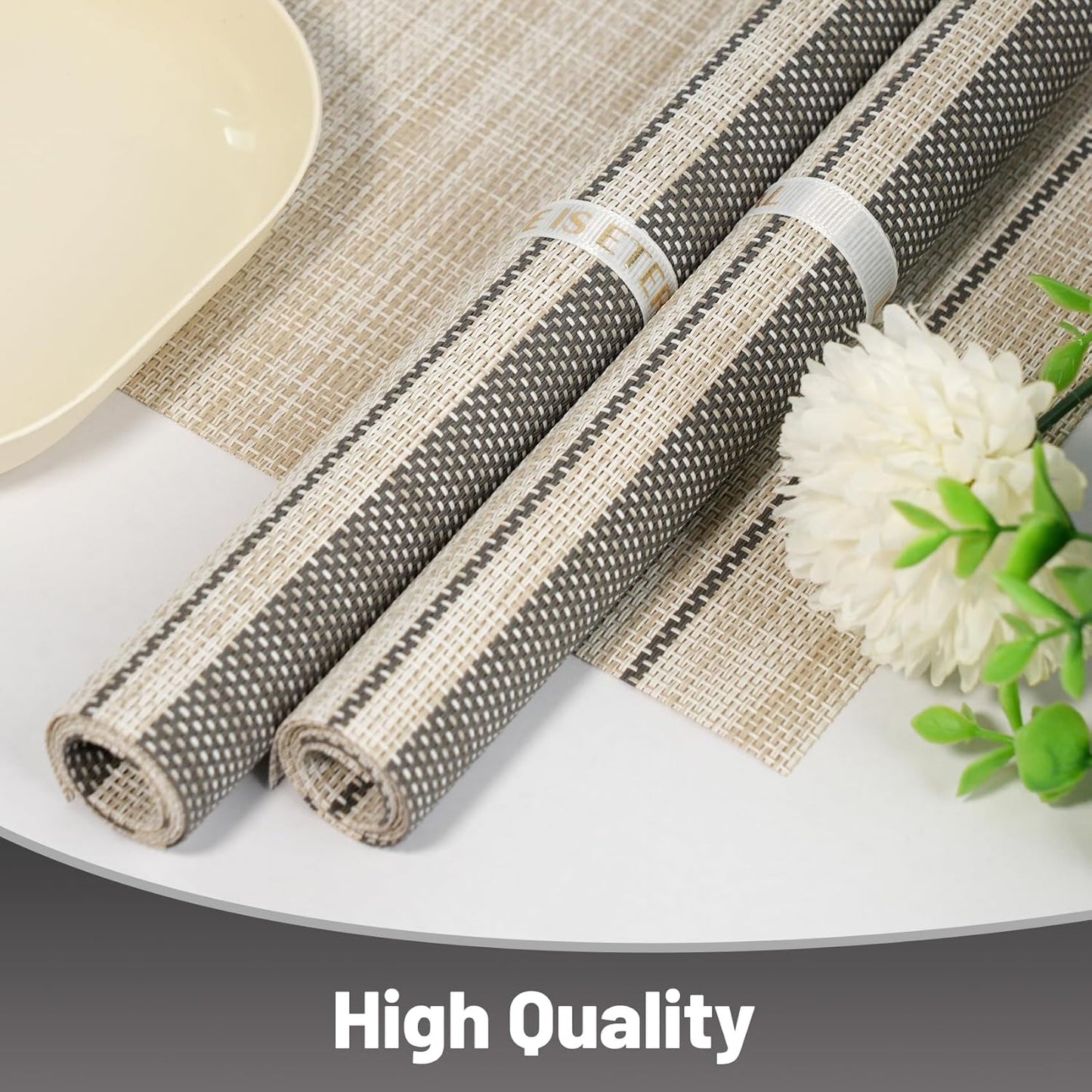 Placemats Set of 12,Non-Slip PVC Weave Table Mats Easy to Clean,Heat Resistant Place Mats for Kitchen Dining Table Decoration Indoor Outdoor,Khaki Gray
