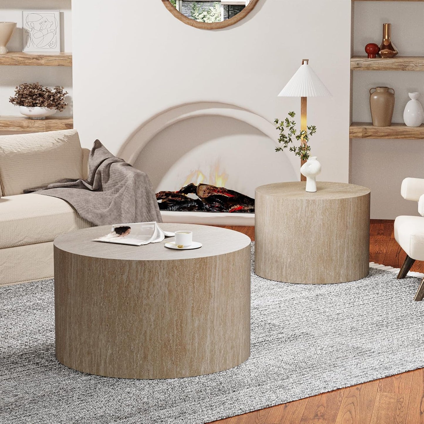Round Nesting Coffee Table, Drum Wood Coffee Table Set of 2 Travertine-Color, Modern Nesting Tables Circle Center Table 2 Piece for Small Spaces Living Room Bedroom Balcony Office, No Assembling
