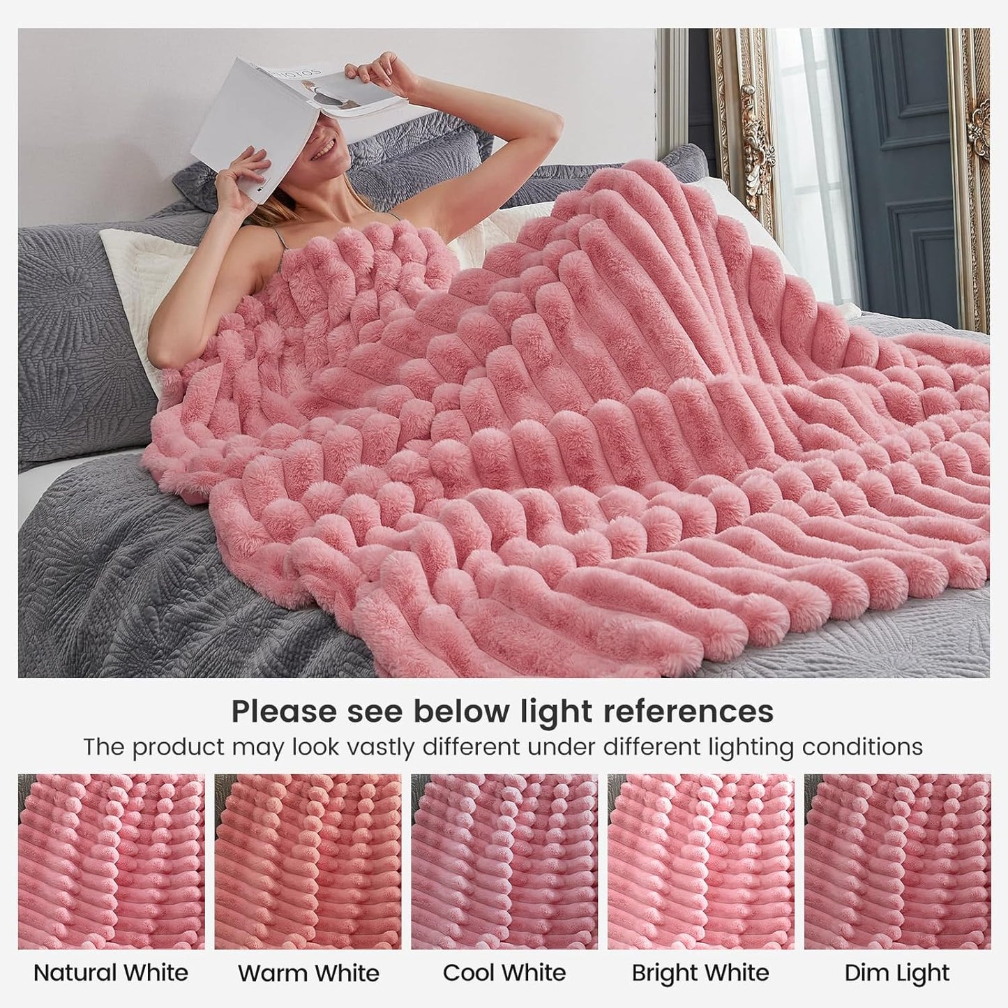 Cozy Bliss Faux Fur Throw Blanket for Couch, Cozy Warm Plush Striped Blanket for Sofa Bedroom Living Room,50 * 60 Inches Hot Pink