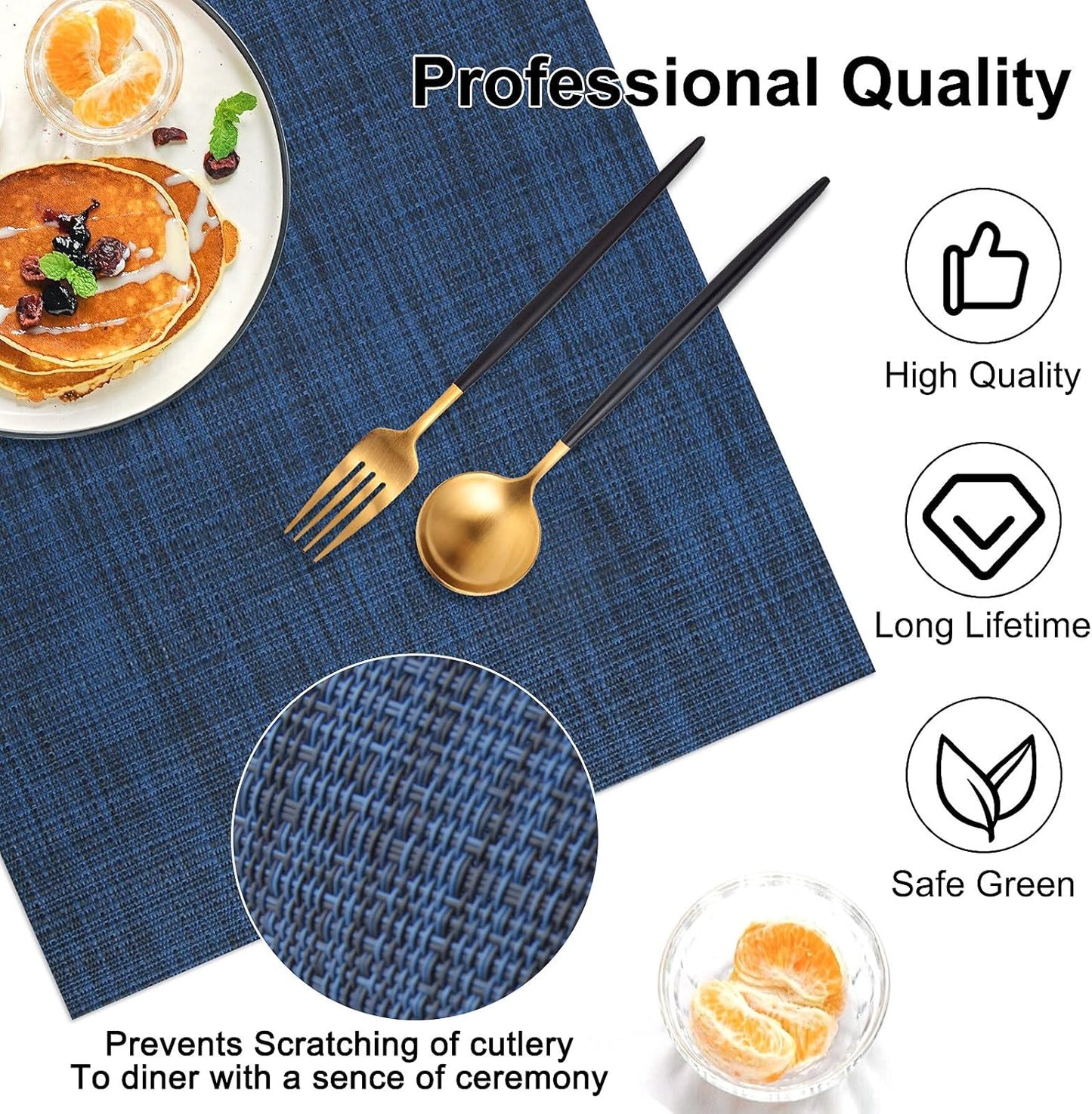 Vinyl Placemats Set of 4, PVC Woven Washable Non-Slip Table Mats, Heat Resistant Wrinkle Free Place Mats for Dining Table, Easy to Clean (4, Navy Blue)
