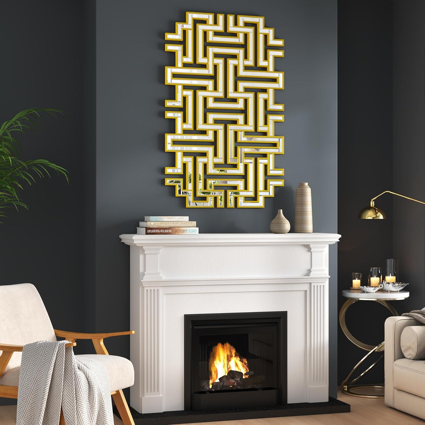 KOHROS Large Modern Gold Wall Mirror - 46.5"x30" Geometric Maze Design Decorative Mirror for Home Decor Living Room Entryway Hallway Farmhouse, Mirrors for Wall Decor