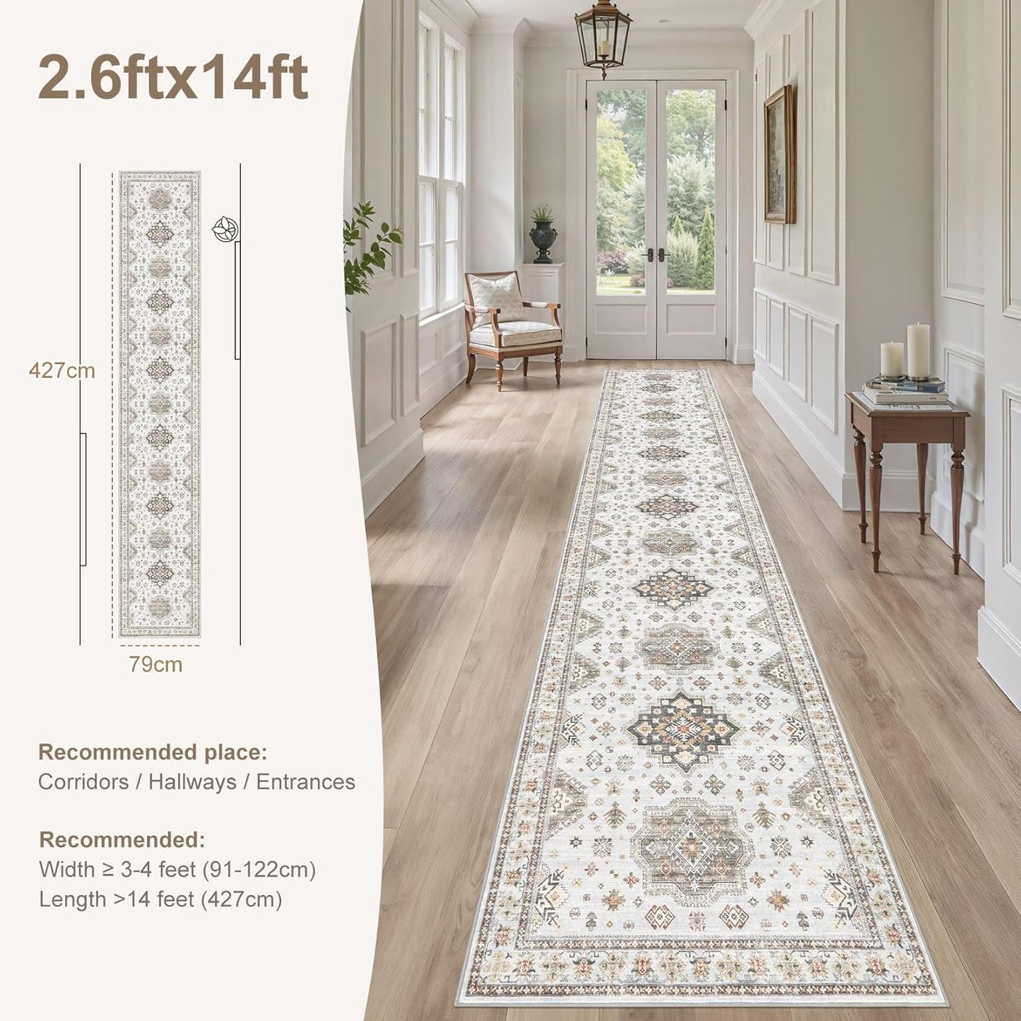 Washable 2.6x14 Runner Rug - Area Rugs Neutral Vintage Distressed Floral Farmhouse Boho Large Soft Floor Rug Indoor Carpet for Hallway Entryway Home - Blue Brown