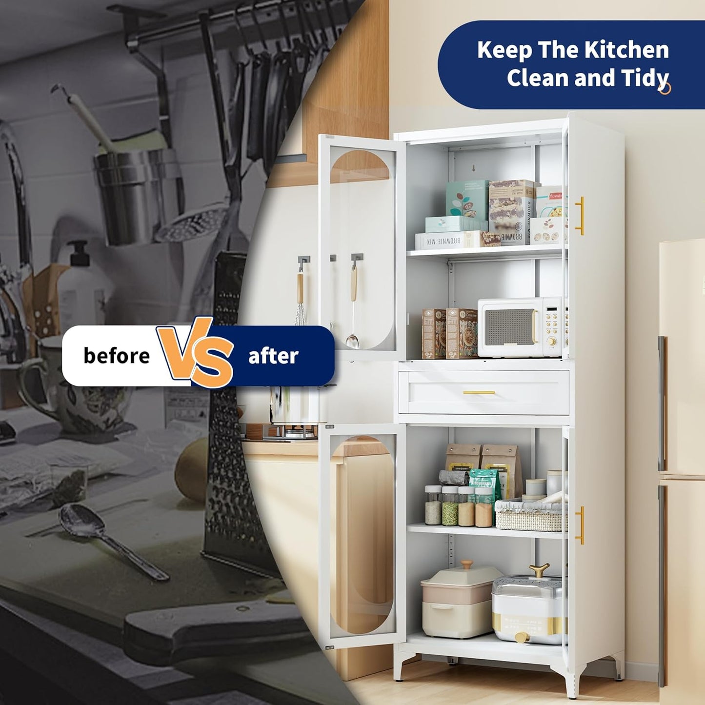 75” Tall Kitchen Pantry Storage Cabinet, Metal Storage Cabinet with 1 Drawer and Adjustable Shelves, Kitchen Pantry Cupboard, Freestanding Cupboard for Bathroom (White-4 Doors and 1 Drawer)