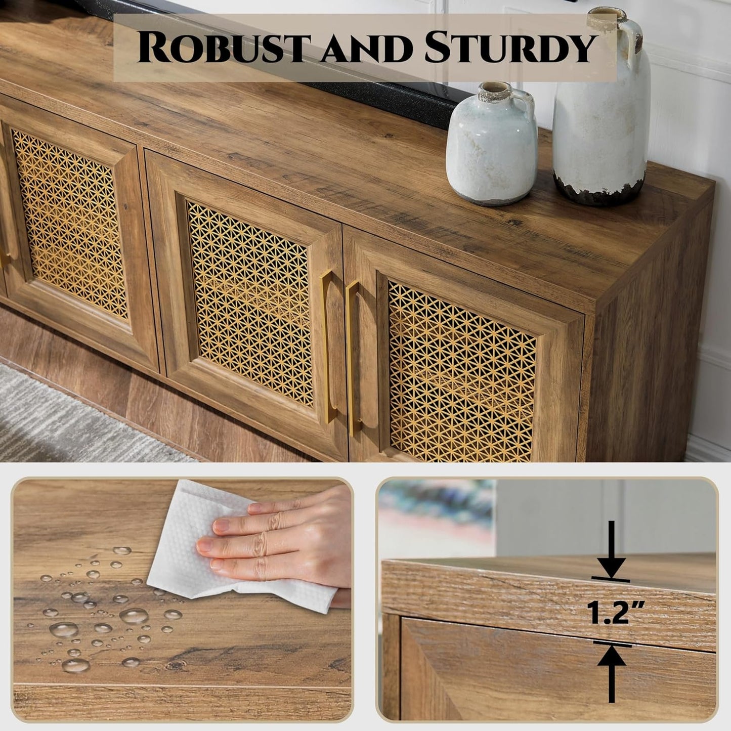 JYED Mid Century Modern TV Stand for TVs up to 75 Inch, with Hollow Metal Mesh Decorated,Boho TV Console with Storage Cabinet,Cable Holes, TV Stand for Living Room, 69.5"x15.6"x24.8", Rustic