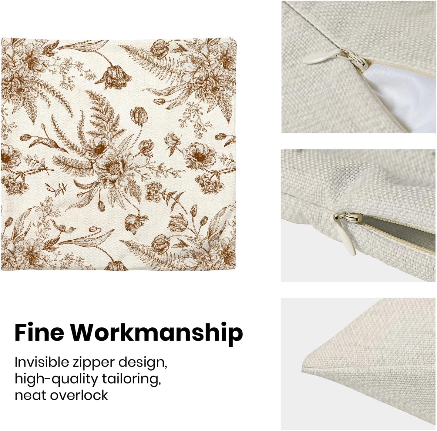 CXMEIFLY Spring Floral Leaves Pillow Covers 16 x 16 Inch Set of 2 for Chinoiserie Flowers Decor Throw Pillows Brown and White Seasonal Plant Outdoor Decorative Cushion Cases for Couch Bed Decorations