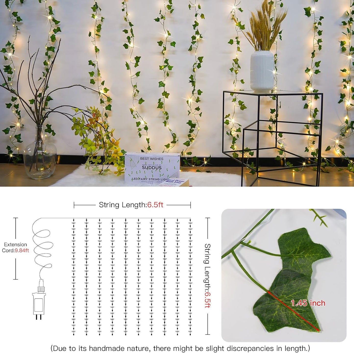 suddus 200 LED Vine with Light Plug in, 6.5ft x 6.5ft Ivy Fairy Curtain Lights with Remote, Leaf Fairy Lights for Wall,Bedroom, Dorm, Wedding, Party, Indoor Decor(Warm White)