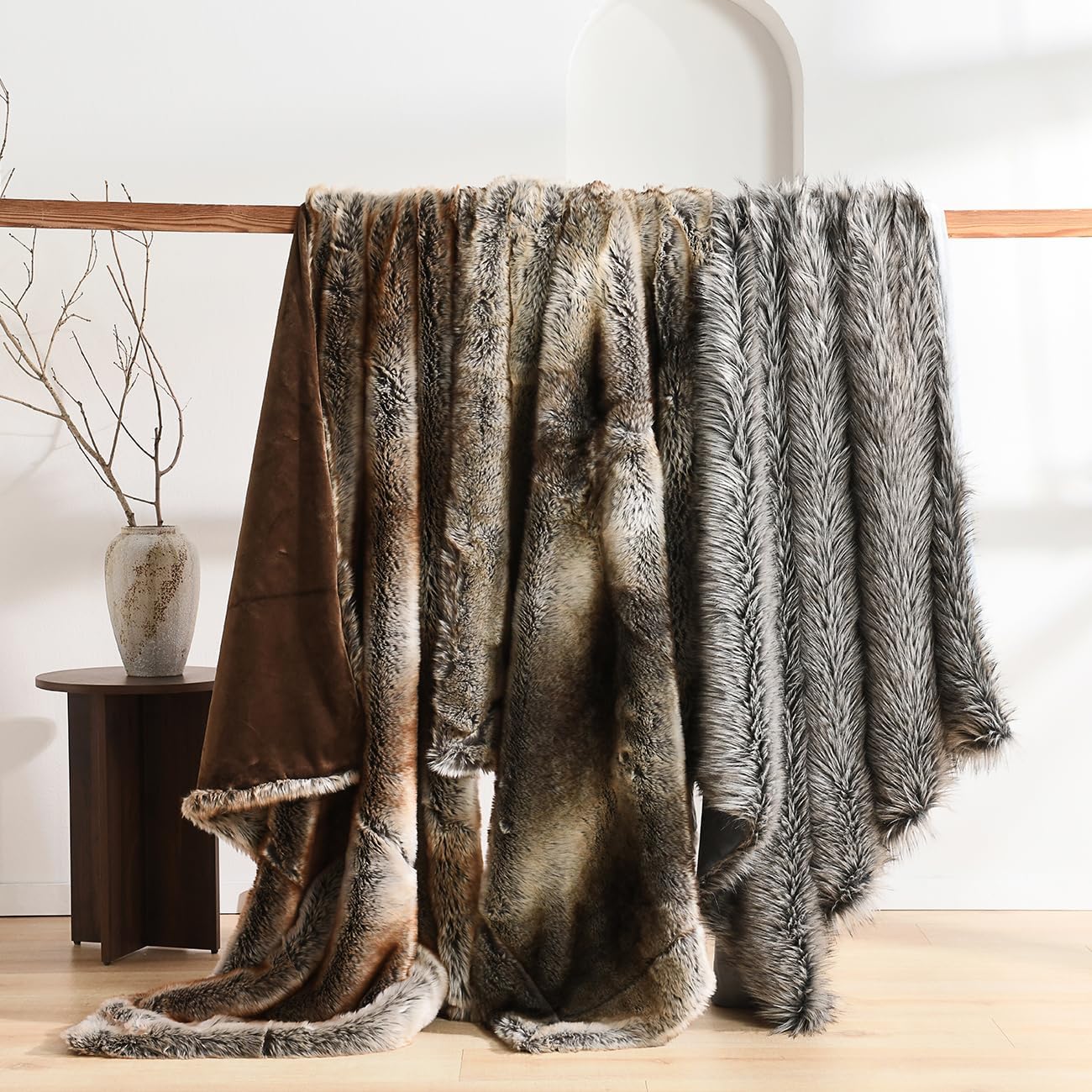 HORIMOTE HOME Luxury Plush Faux Fur Throw Blanket, Long Pile Grey with Black Tipped Blanket, Super Warm, Fuzzy, Elegant, Fluffy Decoration Blanket for Couch, Armchair, Sofa and Bed, 50''x 60''