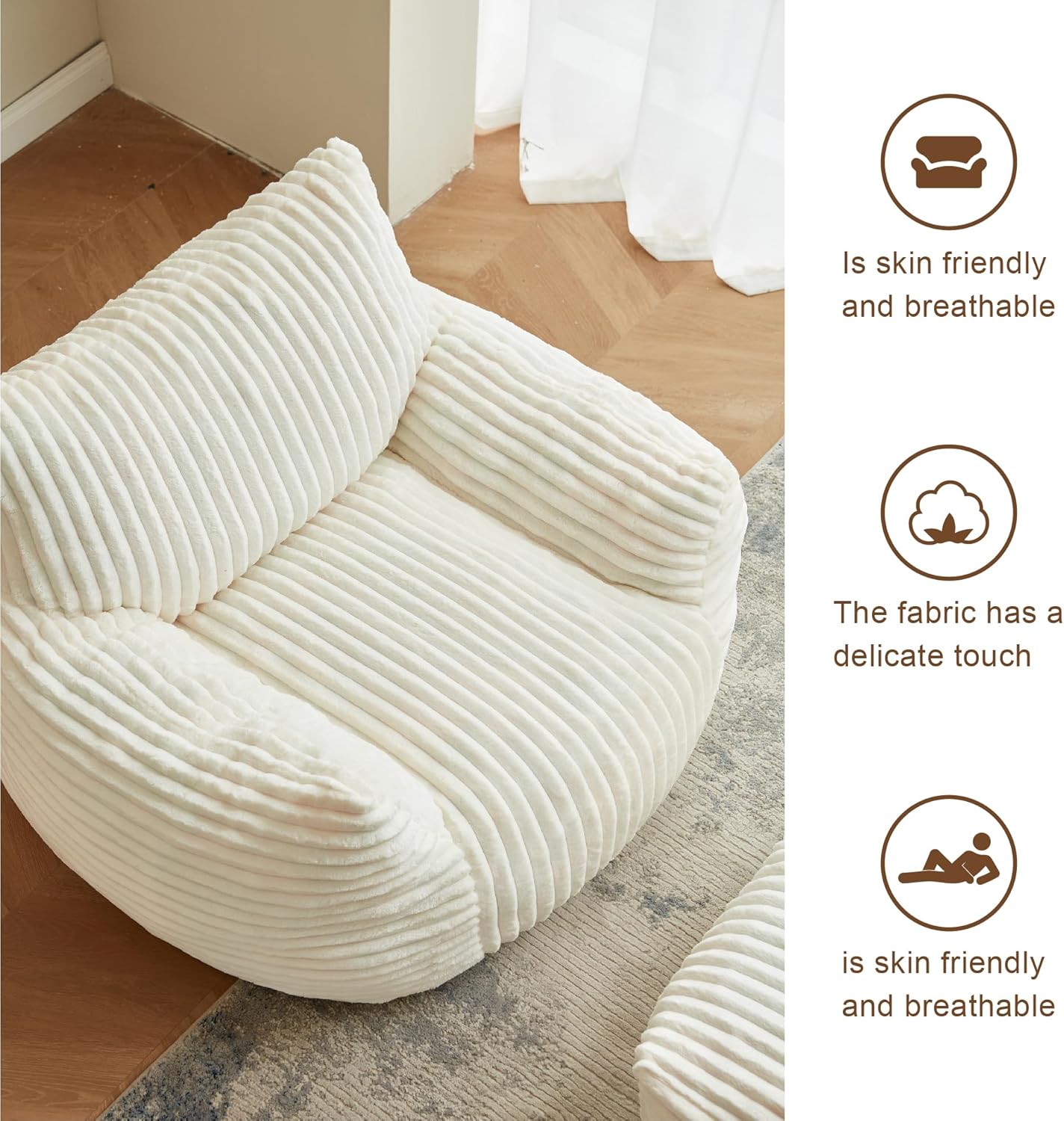 Premium Beige Bean Bag Chair for Adults with Armrest- Ultra Plush Memory Foam Lounge Sofa & Comfy Reading Nook Chair for Bedroom, Living Room & Dorm (White, with Footrest)