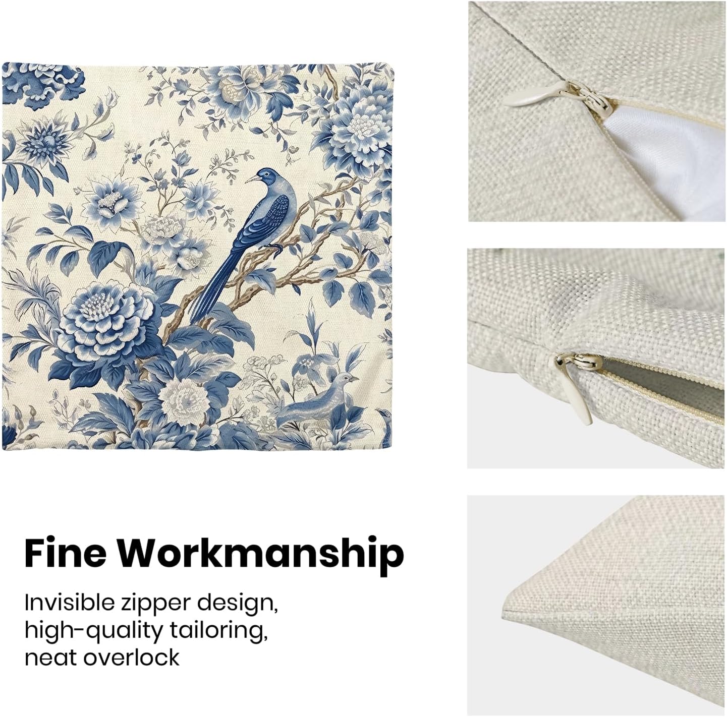 CXMEIFLY Spring Floral Pillow Covers 16 x 16 Inch Set of 2 for Chinoiserie Flowers Bird Decor Throw Pillows Vintage Blue and White Plant Outdoor Decorative Cushion Cases for Couch Bed Decorations