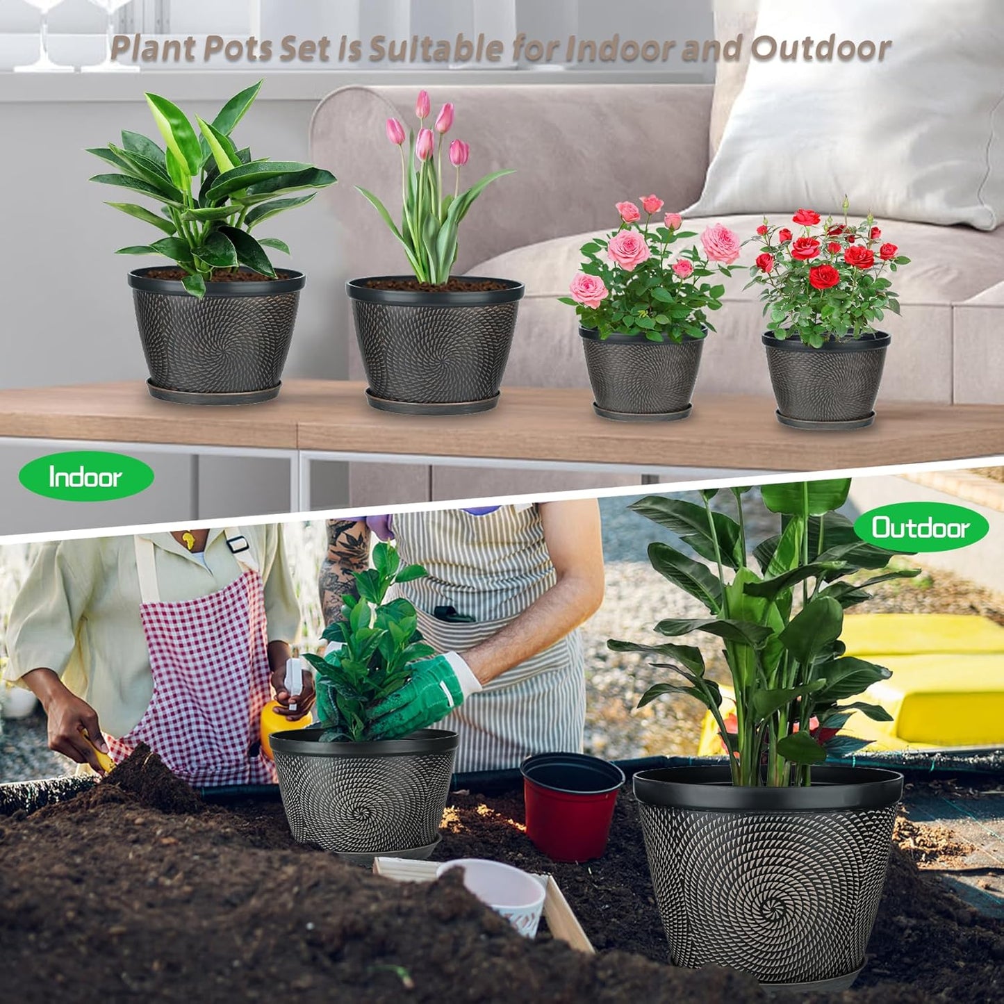 Quarut 4 Pack 8 Inch Flower Pots for Outdoor Indoor, Plastic Plant Pots with Drainage Hole & Saucer, Lightweight Small Flower Pot, Circle Pattern Planters for Garden House planters(Black Copper)