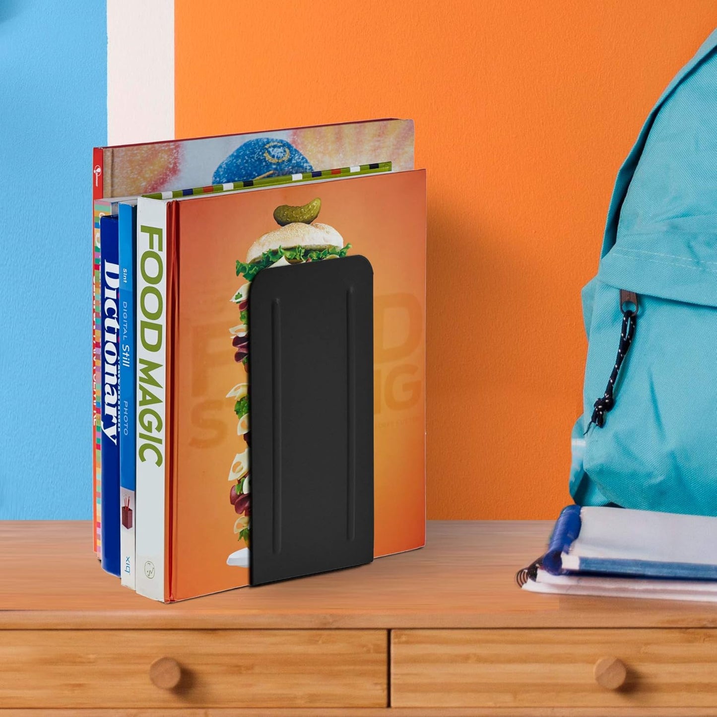 Acrimet Metal Bookends, Jumbo Size 9" H x 4" W x 4-1/2" D, Non-Skid Book Stand for Shelves, Heavy Duty Book Stopper, Black, 1 Pair