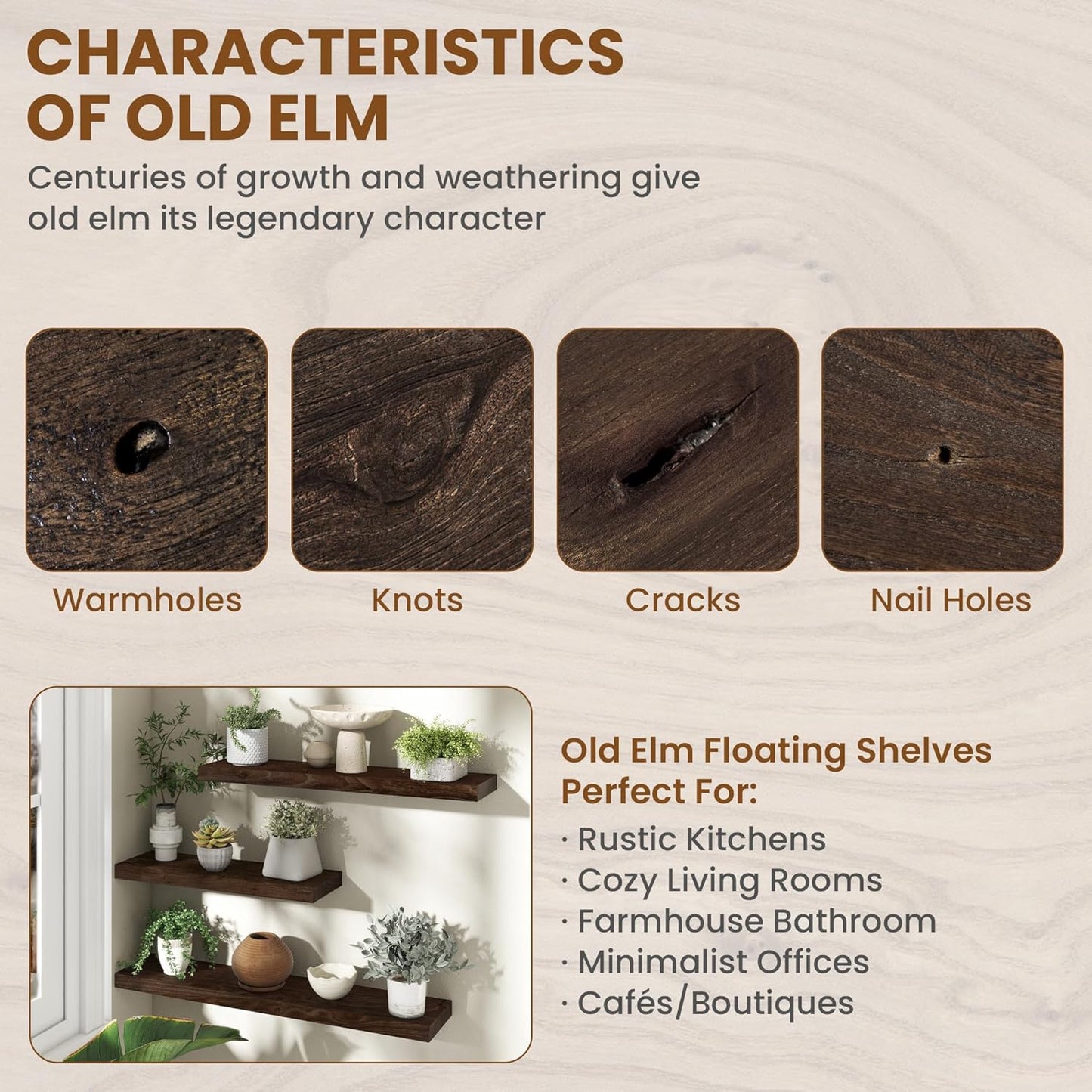 Wood Floating Shelves for Wall, 24" Floating Shelves Wall Mounted, Rustic Old Elm Wood Shelves for Home Decor, Heavy-Duty Storage Shelves for Books, Bathroom, Kitchen, Walnut Color, Set of 2