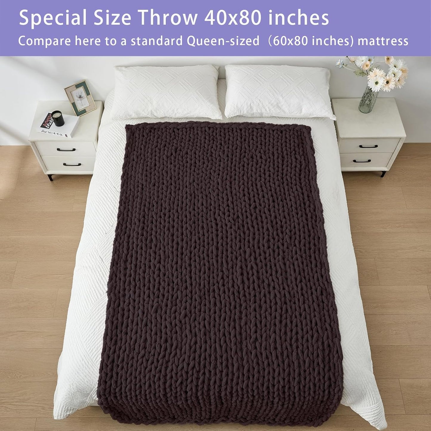 Bigacogo Chunky Knit Throw Blanket for Couch, 40x80 inches, 100% Hand Knitted with Thick Jumbo Chenille Yarn, Cozy Soft Large Rope Knot Cable Crochet Blankets for Sofa Bed Living Room, Chocolate