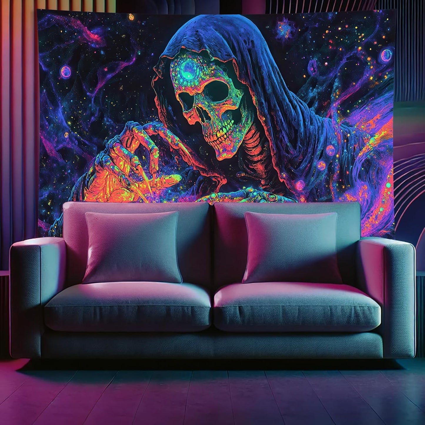 Starlit Patio Blacklight Skull Tapestry Skeleton UV Reactive Glowing Grim Reaper Wall Hanging Trippy Neon Skeleton Art Tapestry for Bedroom Living Room Dorm Aesthetic Gothic Horror Decor 78 x 59 Inch