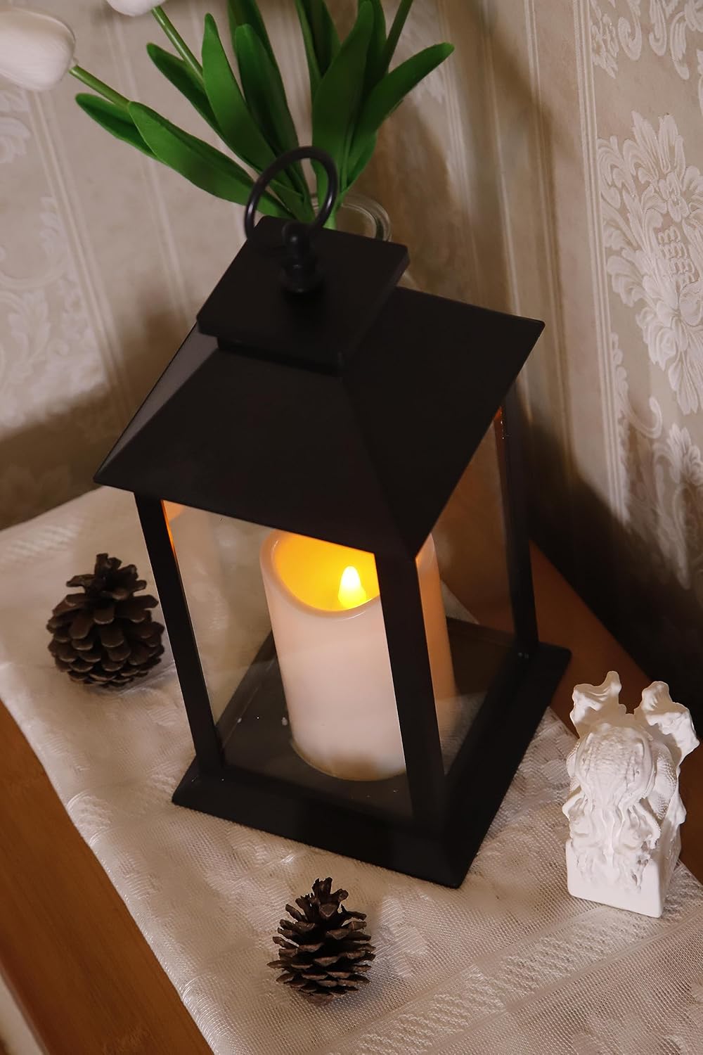 YAKii Hanging Glass Panes Lantern Portable Led Lantern Decorative Operated by 3AAA Battery Use for Garden Yard, Indoor Decoration Candle (Black)