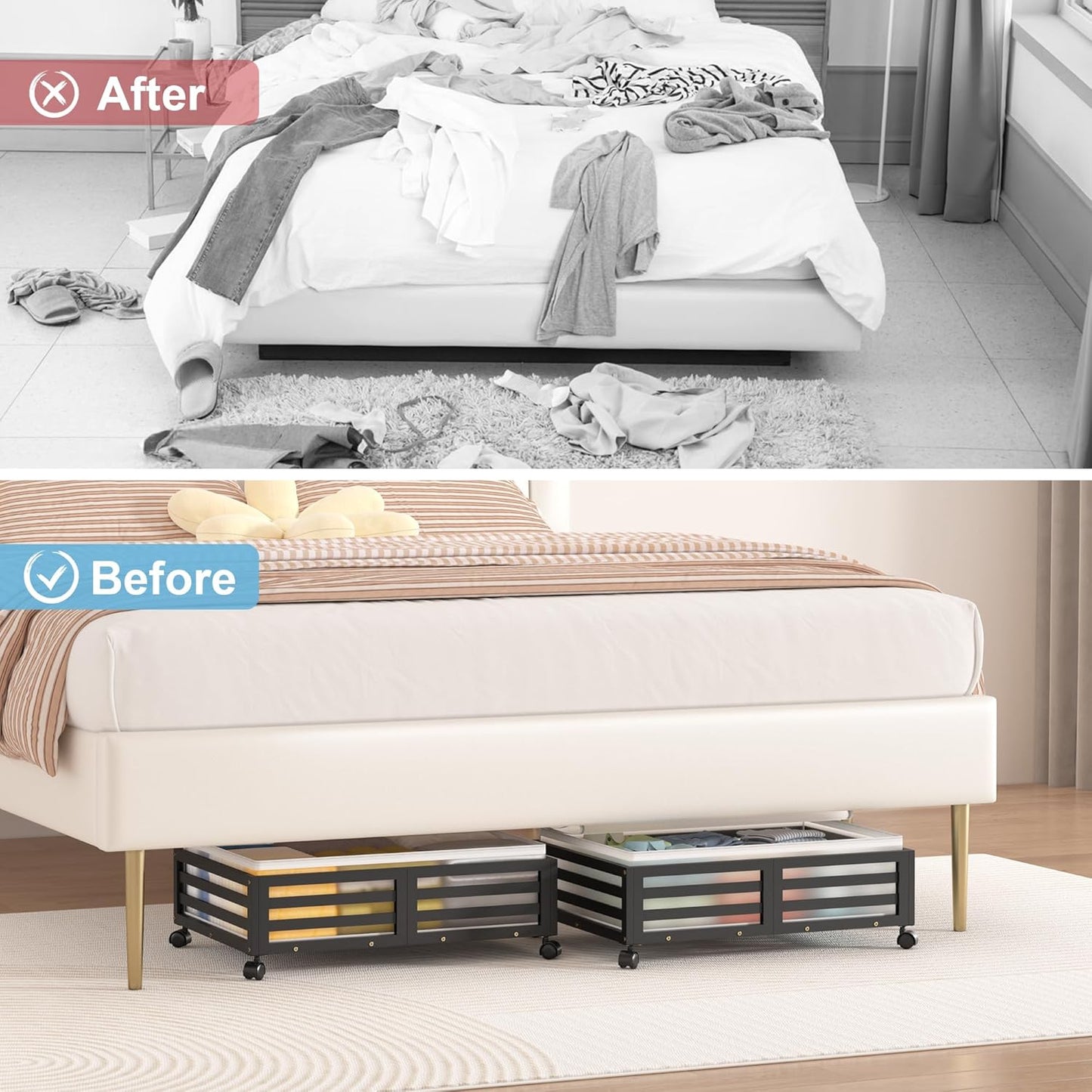 Under Bed Storage Containers With Wheels - 2 Pcs Bamboo Wood Rolling Underbed Shoe Storage Bins With Dust Bags for Clothes Blankets, Duvet Covers Snacks Toys (Black)