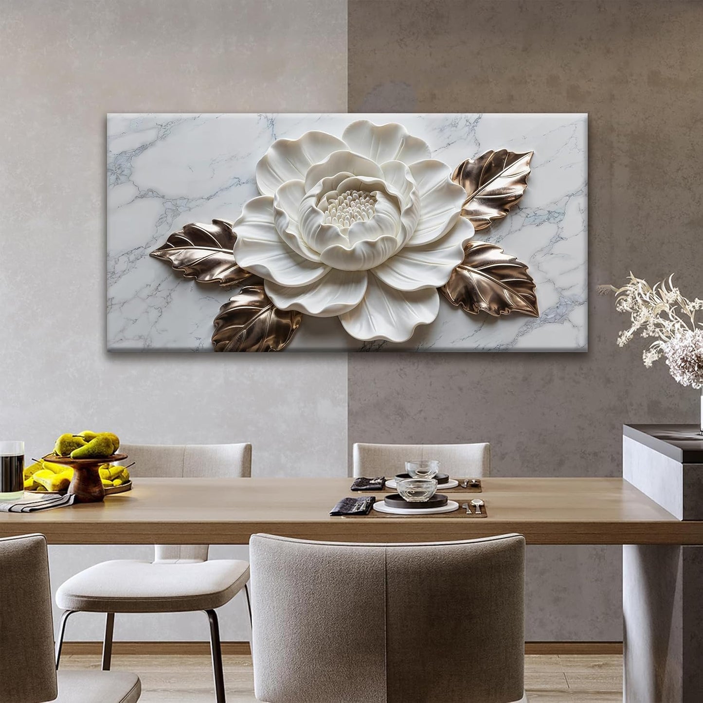 Wall Art Living Room Marble Texture Wall Art Modern White Flower Canvas Art Wall Decor Home Wall Decor Suitable Pictures For Bedroom Apartment Office Can Be Hung 24" × 48"