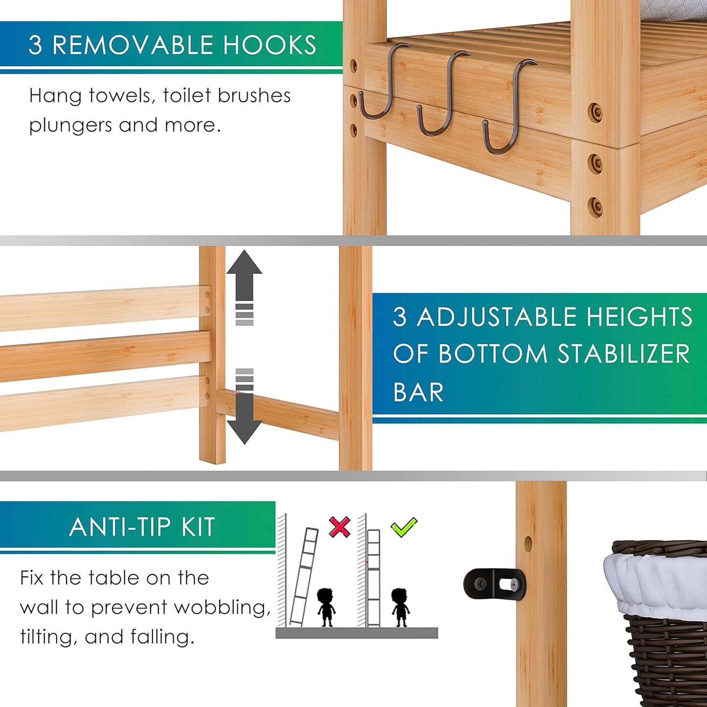 SMIBUY Bathroom Storage Shelf, Bamboo Over-The-Toilet Organizer Rack, Freestanding Toilet Space Saver with 3-Tier Adjustable Shelves (Natural)