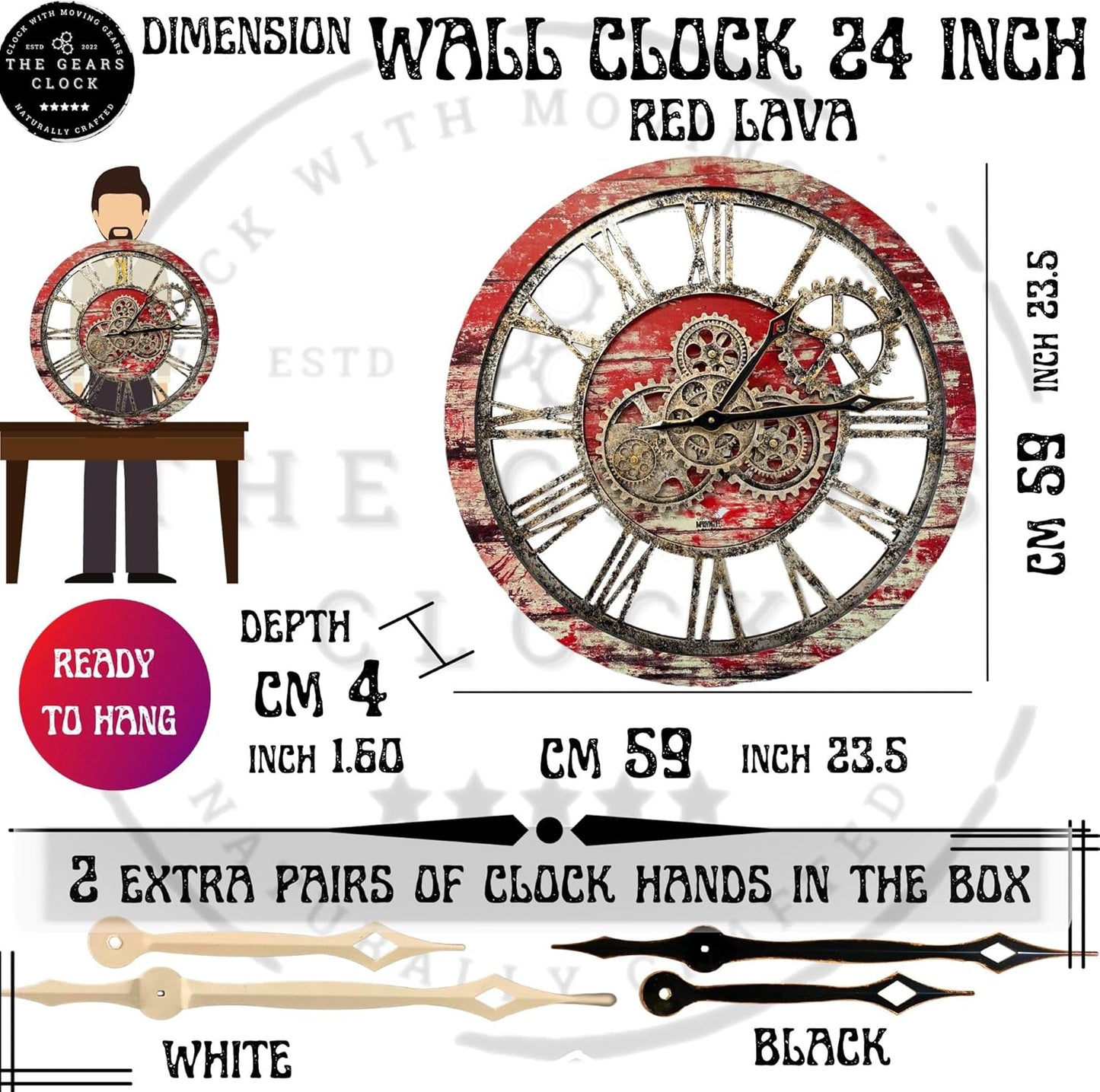 The Gears Clock The Original Real Moving Gear Wall Clock Vintage Industrial Oversized Rustic Farmhouse (24 inch (60cm),Red Lava)