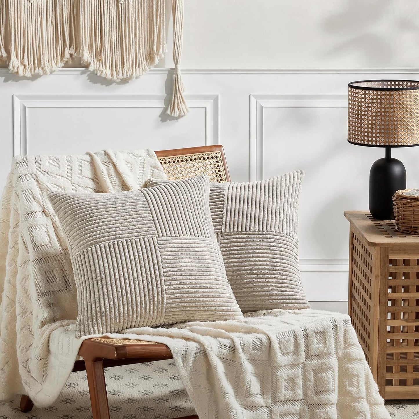 Fancy Homi 2 Packs Neutral Taupe Decorative Throw Pillow Covers 18x18 Inch for Living Room Couch Sofa, Rustic Farmhouse Boho Home Decor, Soft Corss Corduroy Patchwork Textured Square Cushion Case 45cm