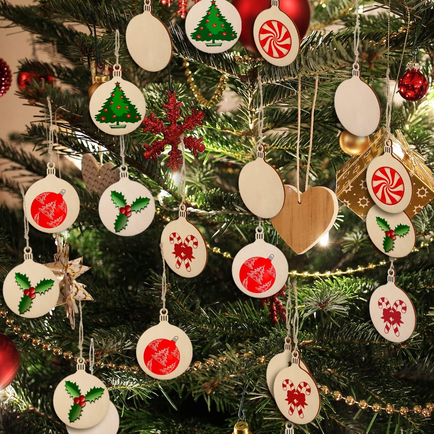 Blulu 100 Pieces Christmas Wooden Ornaments Star Round Wood Slices Wood Snowflake Angel Shape Christmas Tree Hanging Embellishments with 100 Pieces Cords (Style 3)