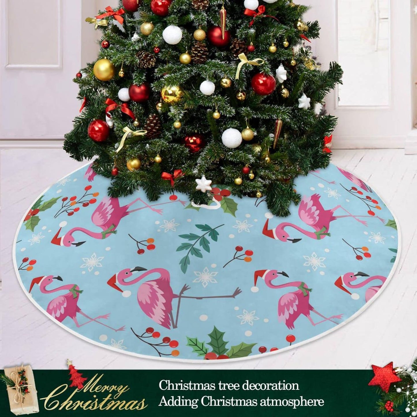 Christmas Flamingo Snowflake Tree Skirt, Seasonal Tree Mat Holiday Party Supplies Ornaments Indoor Outdoor Decorations for Tabletop Trees 35.4 Inches