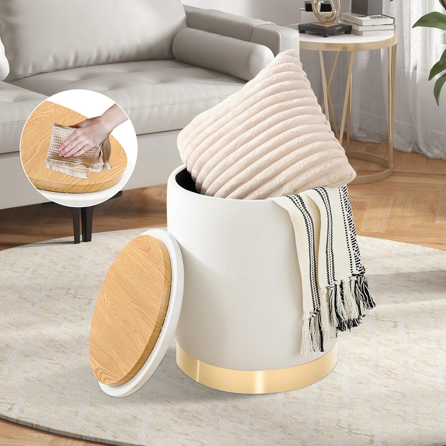 Round Ottoman with Storage Set of 2, Upholstered Velvet Storage Ottomans, Vanity Stool, Multifunctional Ottomans, Coffee Table Foot Rest Ottoman for Living Room Bedroom, White