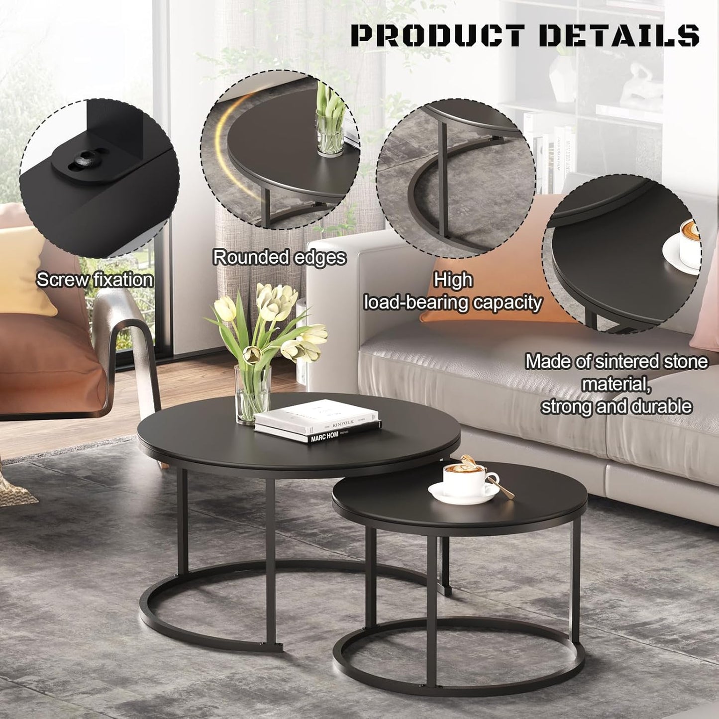 Round Nesting Black Coffee Table (Set of 2), Sintered Stone Top & Sturdy Metal Base for Living Rooms and Tight Spaces