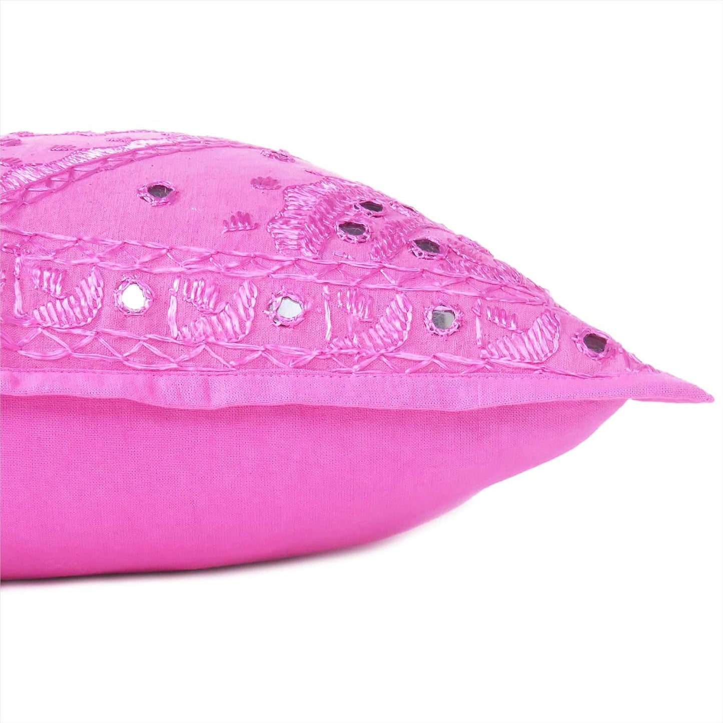 Eyes of India Embroidered Decorative Boho Throw Pillow Cover with Mirrors, Handmade Bohemian Accent Cushion Case for Sofa Couch Bedroom Living Room (Pink, 16" x 16")