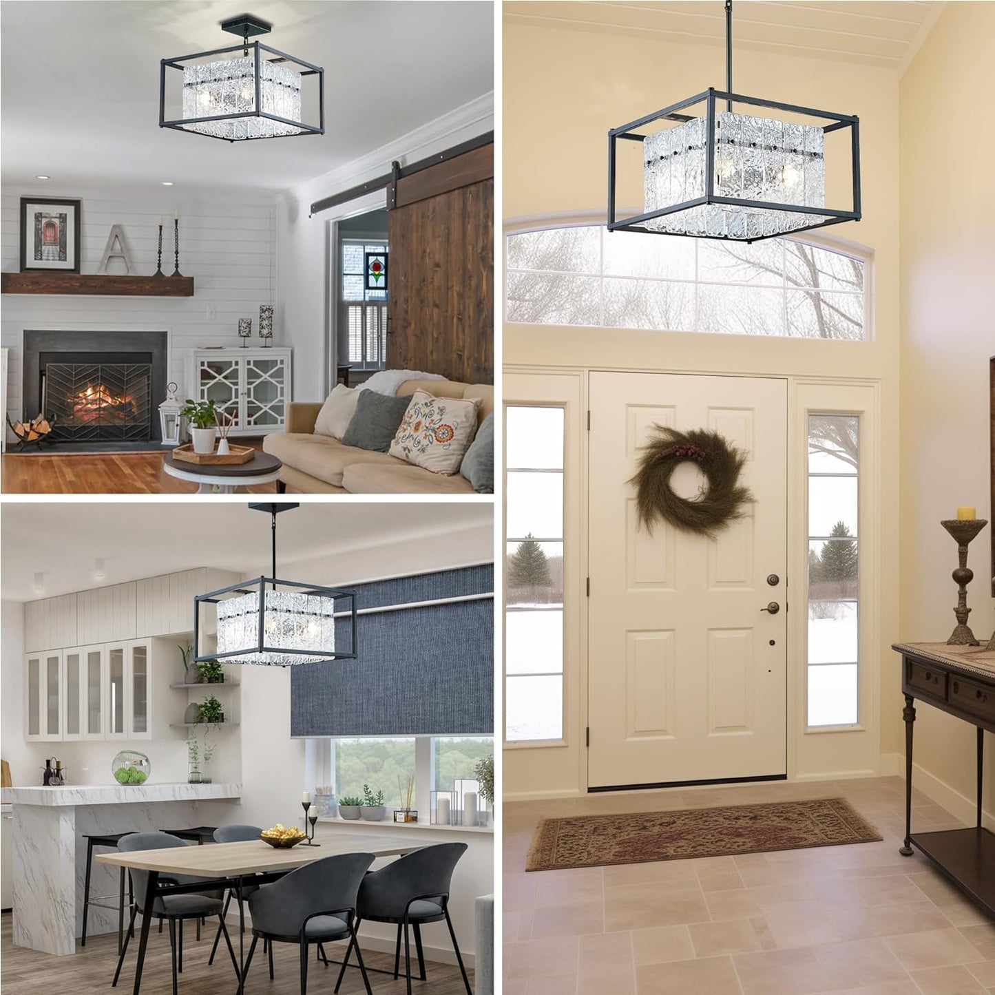 IKK Modern Foyer Chandelier, Black Crystal Chandelier for Dining Room, Square Entryway Light Fixture Hanging, Easily Adjustable Height Glass Chandeliers for Kitchen Island, Elegant Water Ripple