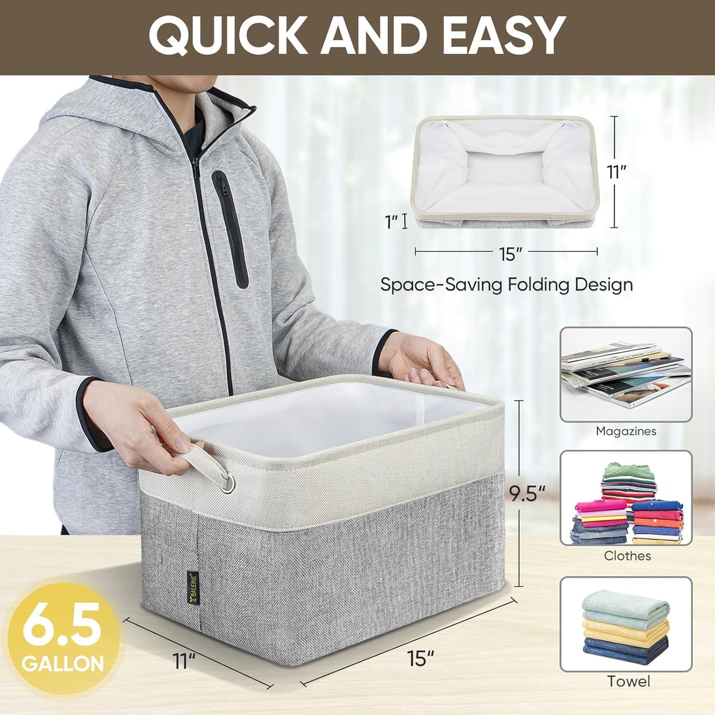 BALEINE 1 Pack Fabric Storage Bins for Shelves, Linen Storage Baskets for Organizing, Decorative Closet Bins for Clothes, Home (Grey, 15''x11''x9.5'')