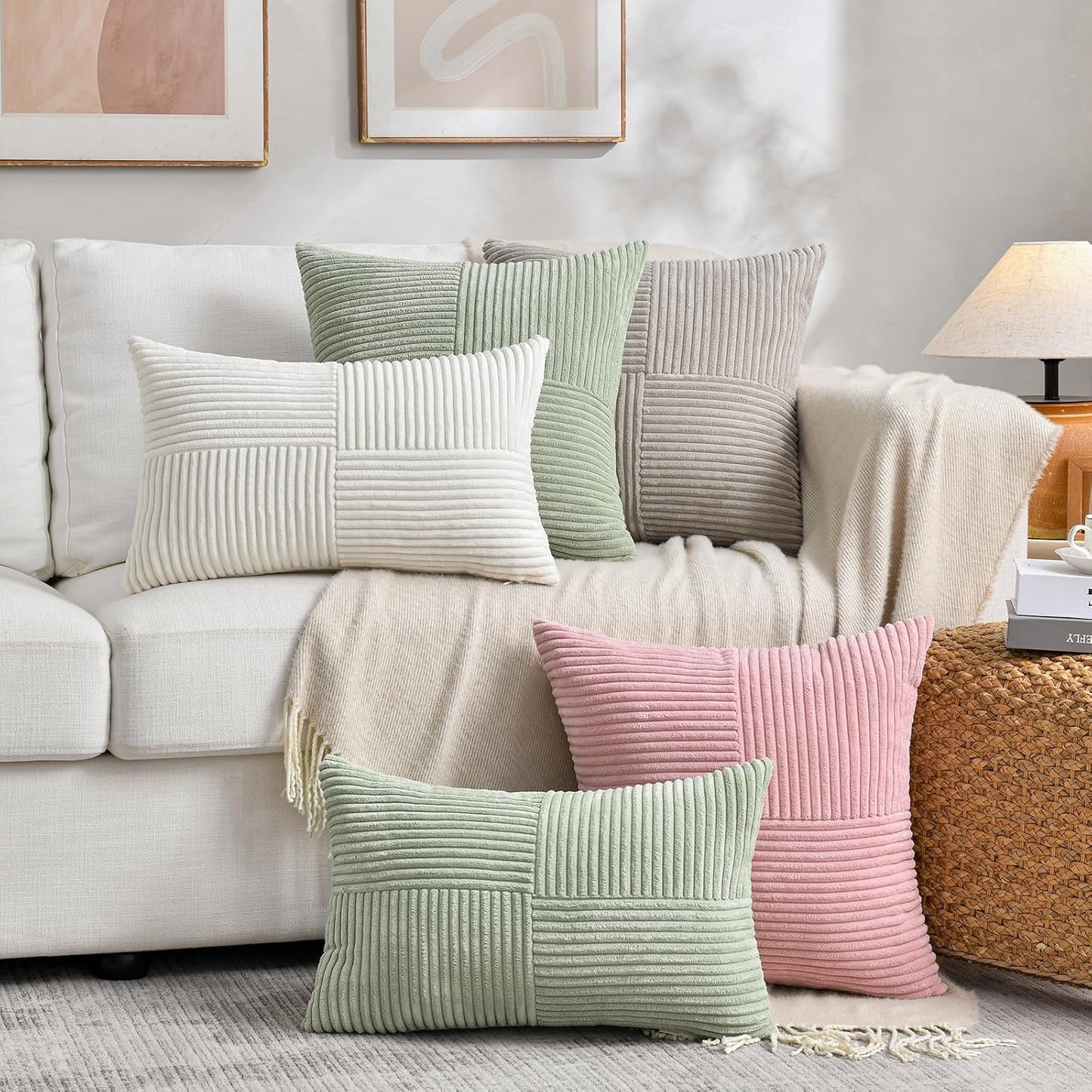 Fancy Homi 2 Packs Blush Pink Decorative Throw Pillow Covers 16x16 Inch for Living Room Couch Bed, Rustic Farmhouse Boho Home Decor, Soft Corss Patchwork Corduroy Textured Square Cushion Case 40x40 cm