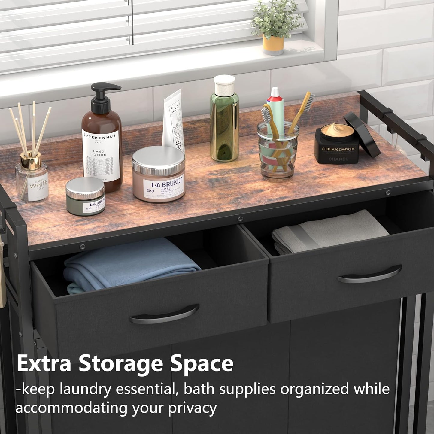 Laundry Hamper Laundry Basket with 3 Section Pull-Out Rolling Bags, Laundry Sorter for Organization and Storage with 2 Pull-Out Drawers for Laundry Room, Bathroom, Bedroom Use (Rustic Brown)