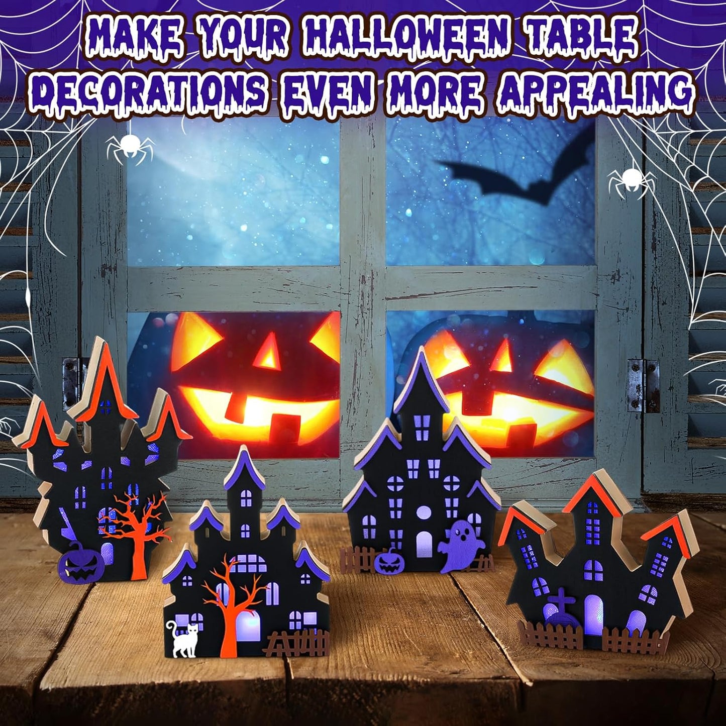 Bucherry 4 Pack Halloween Table Haunted House Decor Lighted Wooden Village Ghost House 3D Tabletop Decorations for Halloween Indoor Home Kitchen Desk Gift(New Style)