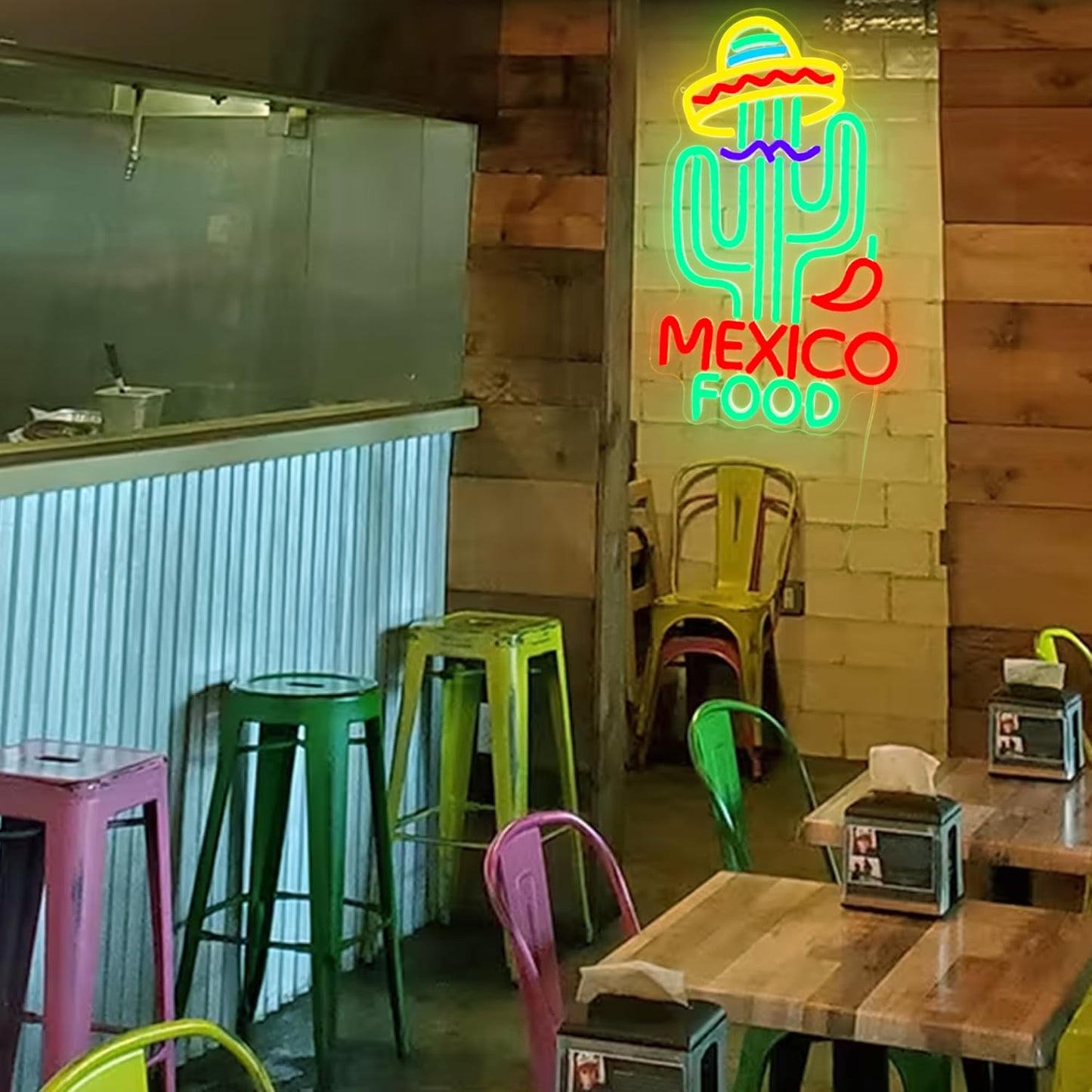 Mexican Food Neon Sign Cactus Neon Lights Dimable Colorful LED Mexican Art Lights Wall Decor for Mexican Restaurants Bars Food Trucks Unique Gift for Taco Enthusiasts Fiesta Parties (15×9.1inch)